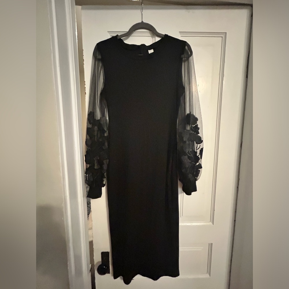 Mesh Bishop Sleeve Bodycon Pencil Dress Medium Black Floral